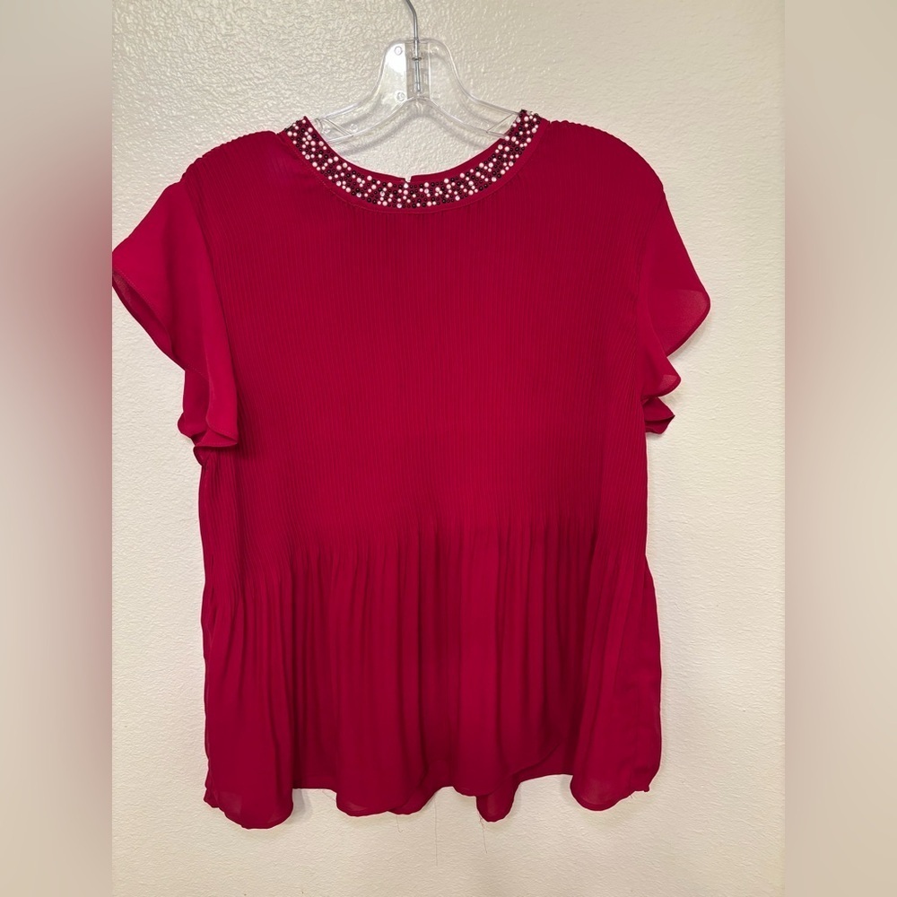 Adrianna Papell Red Pleated Blouse with Beaded Neckline